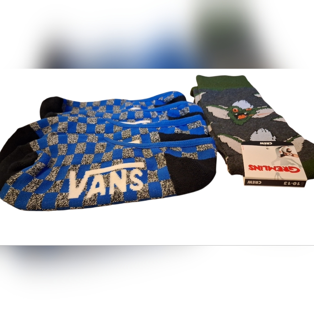 3 Pairs of Socks! 2 Vans Blue and Black Checkered Crew Socks , 1 Gremlins Socks